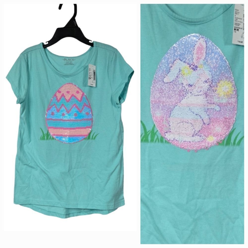 NWT Girls Flip Sequin Easter Bunny Egg Tee Aqua Knit Top The Children’s Place